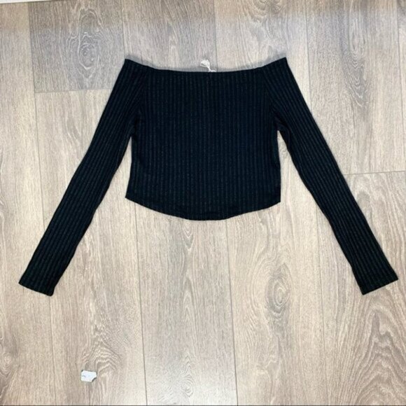 Revolve LNA Off the Shoulders Cropped Top Ribbed Knit Long Sleeve Black Small - Picture 7 of 16